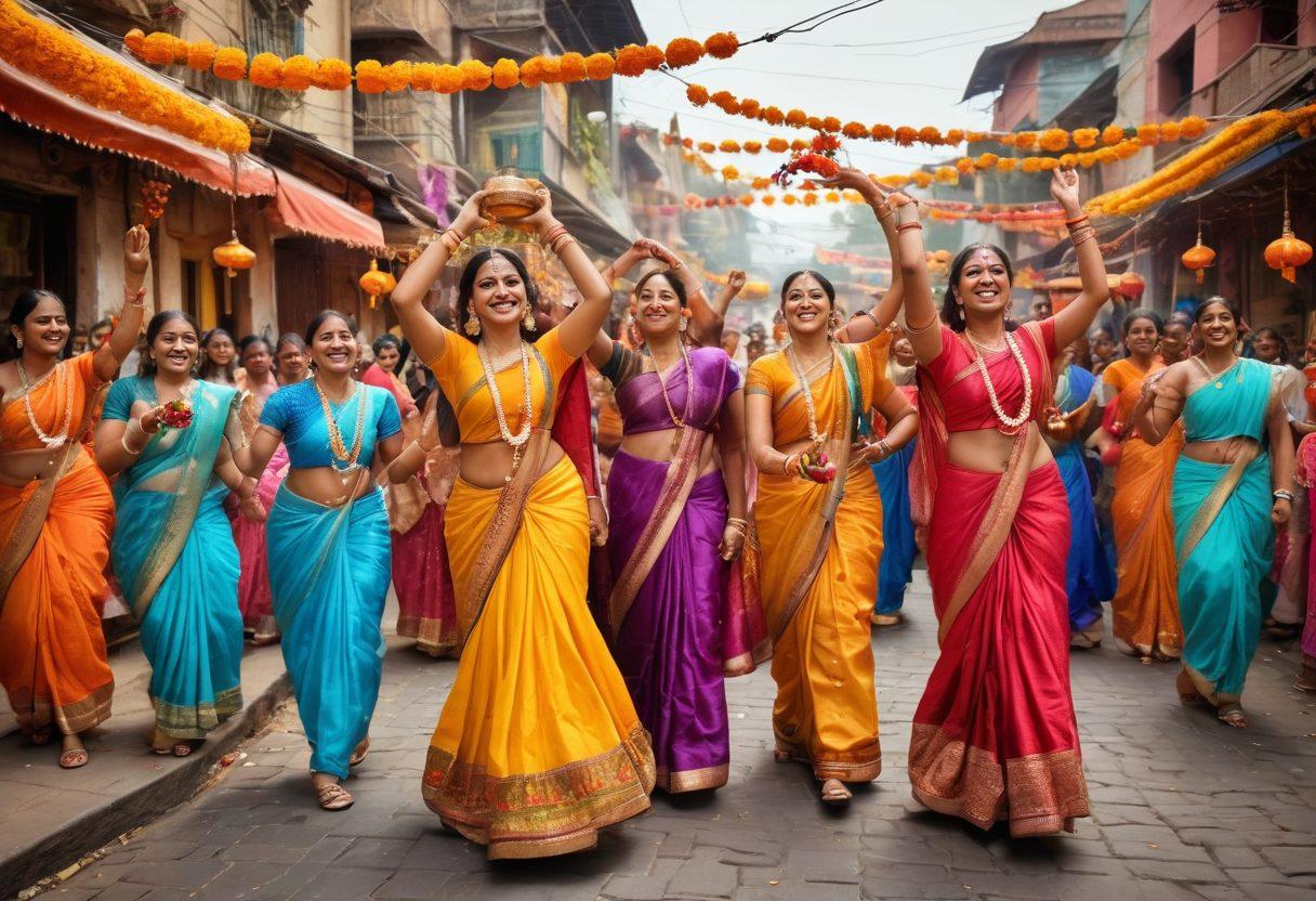 A vibrant Indian festival scene depicting joyful people celebrating together, adorned in colorful traditional attire, with decorated streets and joyous expressions. Include elements of music, dance, and community connection, showcasing a warm atmosphere filled with lanterns and flowers. The background should represent an essence of Indian architecture, infusing a sense of belonging and intimacy. colorful, festive, warm ambiance, super-realistic.