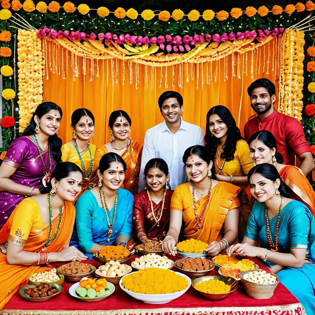 A vibrant Indian festival scene showcasing families and friends adorned in colorful traditional attire, joyfully celebrating together amidst a backdrop of festive decorations like marigold flowers and fairy lights. Include a table filled with traditional sweets, laughter, and dancing figures, embodying the warmth of happiness and intimacy in Indian culture. The scene should radiate joy and togetherness, with vivid colors highlighting the rich cultural heritage. super-realistic. vibrant colors. 3D.