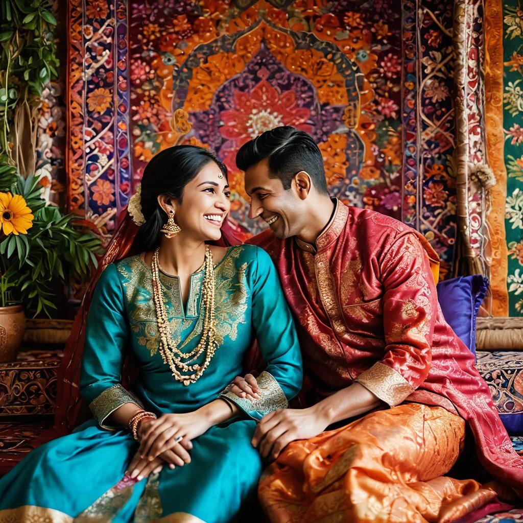 A vibrant scene capturing a beautiful South Asian couple in traditional attire, laughing and sharing joyful moments amidst a colorful tapestry backdrop filled with intricate patterns. Surround them with elements of nature symbolizing affection and well-being, such as blooming flowers and lush greenery. The atmosphere radiates love and happiness, inviting the viewer to embrace the essence of romance. super-realistic. vibrant colors. intricate details.